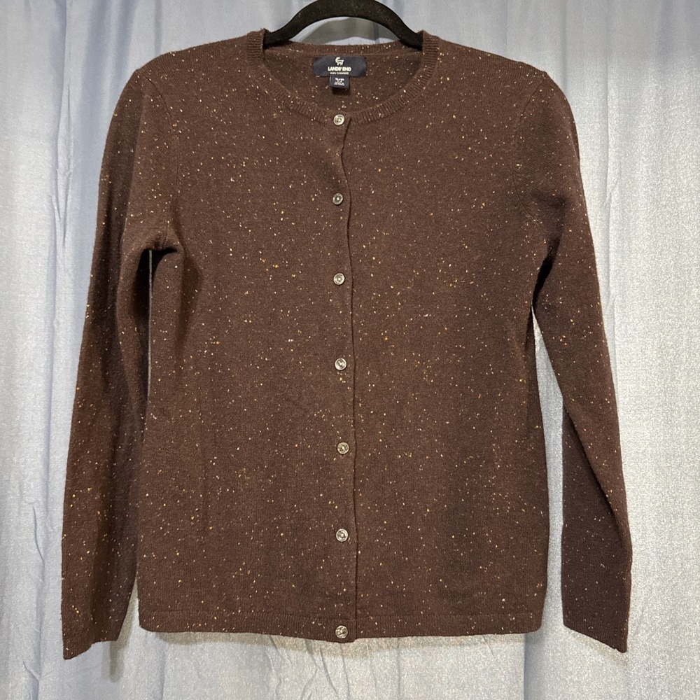 Lands' End Speckled Plum Purple Button Down 100% Cashmere Sweater Preppy Small